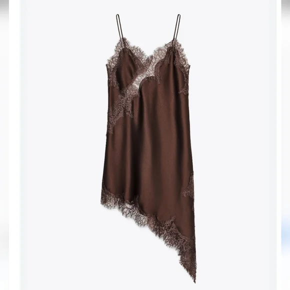 ZARA ASYMMETRIC LACE DRESS Brown Chocolate - Picture 15 of 16